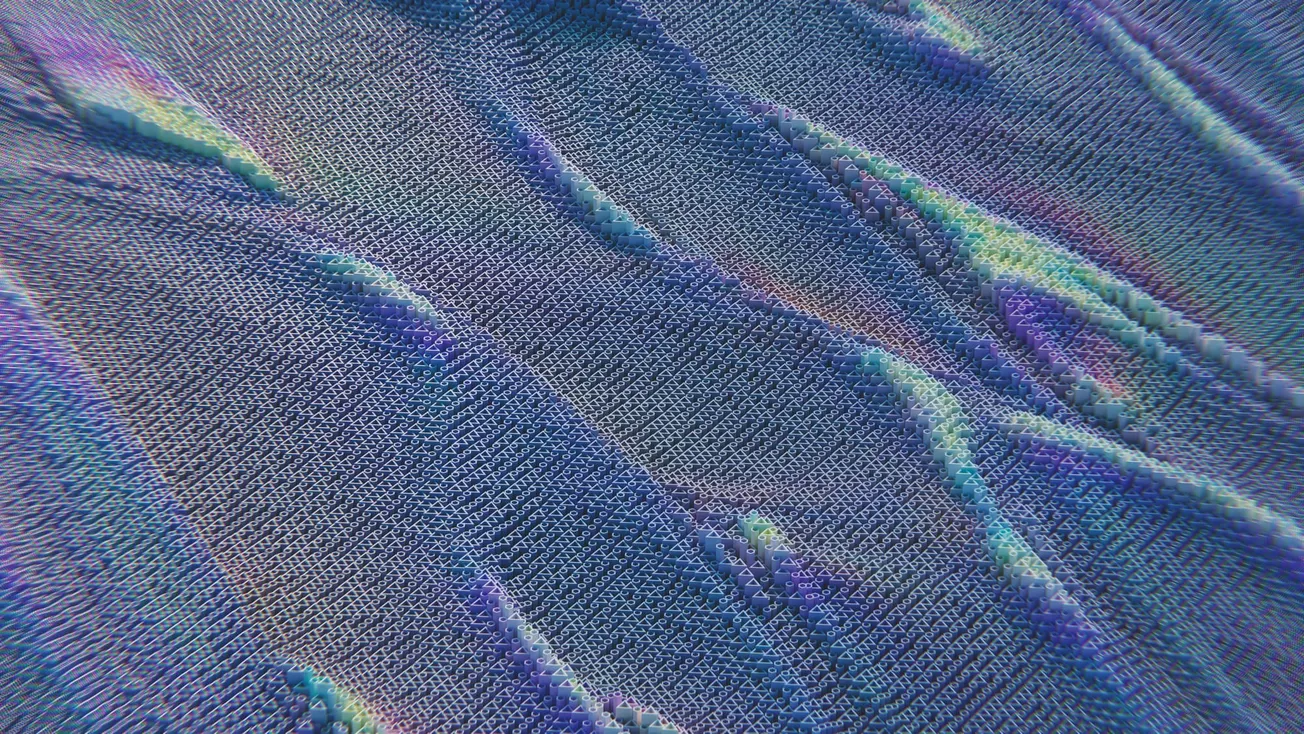 Abstract digital art with fluid, wavy patterns in shades of blue, purple, and hints of green. The image evokes a sense of flowing motion and tranquility.