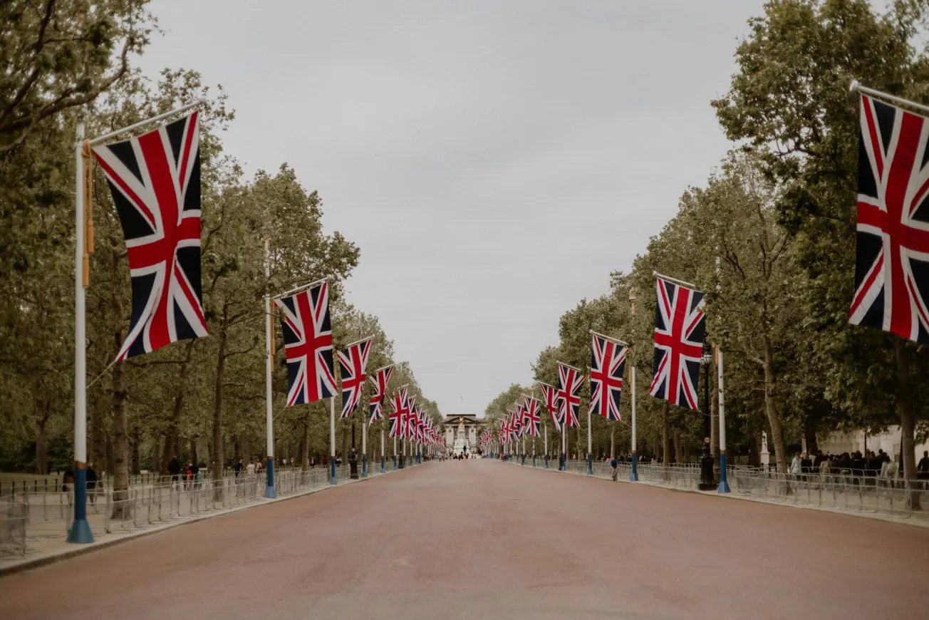 Wide view of a tree-lined avenue adorned with numerous Union Jack flags, leading towards a distant historic building under an overcast sky, evoking a patriotic atmosphere.