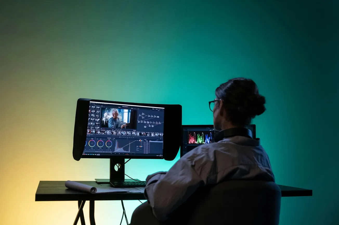 A person with glasses is editing video on a dual-monitor setup in a dimly lit room, featuring a gradient background of green and yellow tones.