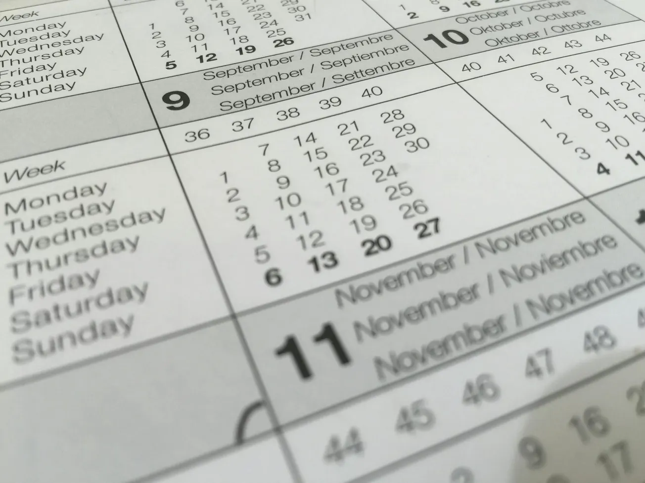 Close-up of a calendar showing weeks in September and November, with bolded dates. Days are listed in English, suggesting planning or scheduling.