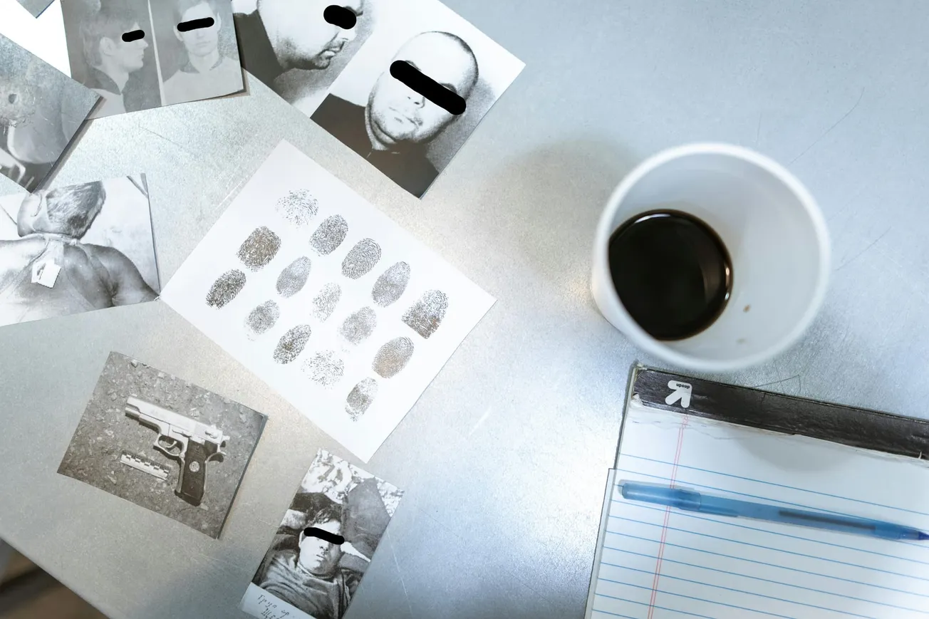 A desk with crime investigation materials: fingerprint sheet, photos with blacked-out eyes, an image of a gun, a cup of coffee, and a notepad with a pen.