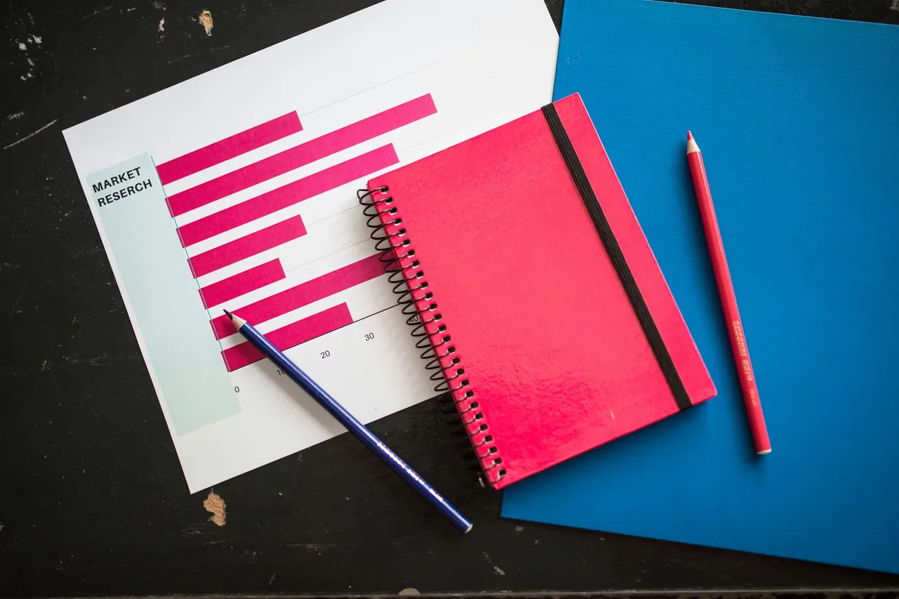 A bar graph labeled "Market Research" with pink bars on paper is beside a red notebook. A blue and a red pencil are on a blue folder.