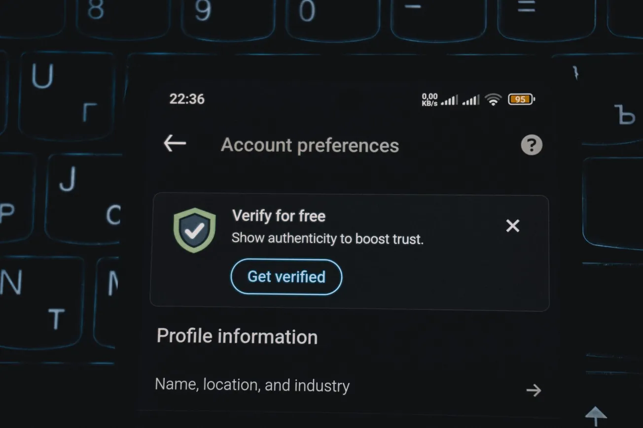 A dark mode screen shows "Account preferences" and a "Verify for free" option with a checkmark icon. A "Get verified" button encourages user action.
