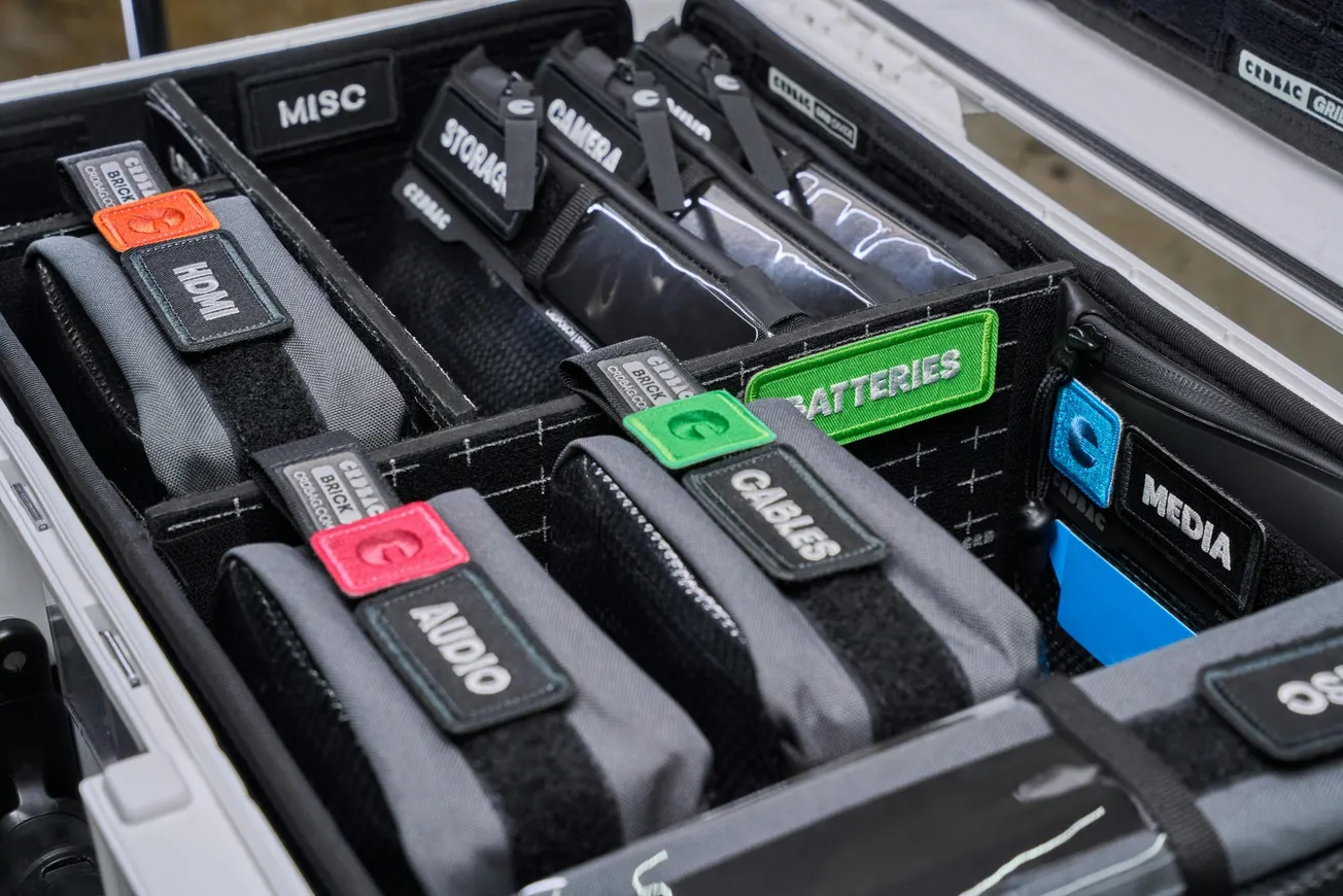 Organized storage case with labeled compartments for camera gear. Sections include cables, audio, HDMI, media, batteries, and more. Neat, efficient design.
