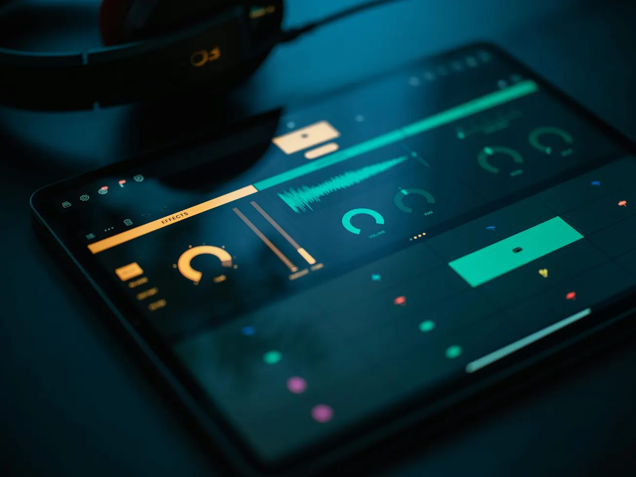 Tablet screen displaying a music production app with waveform, dials, and colorful interface, evoking a focused, creative atmosphere.