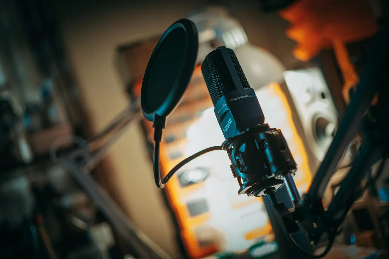 Close-up of a professional microphone with a pop filter in a studio. The background is softly blurred, creating a focused and creative atmosphere.