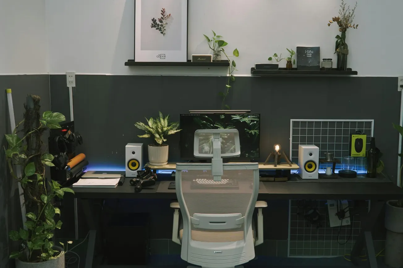 Modern workspace with a sleek desk and ergonomic chair, surrounded by plants. A computer monitor is centered, with shelves holding books and decor, creating a serene and organized atmosphere.