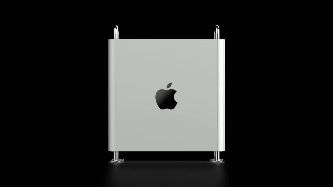 Sleek, silver Apple device with a minimalist design and prominent Apple logo on a black background, conveying a modern and sophisticated tone.