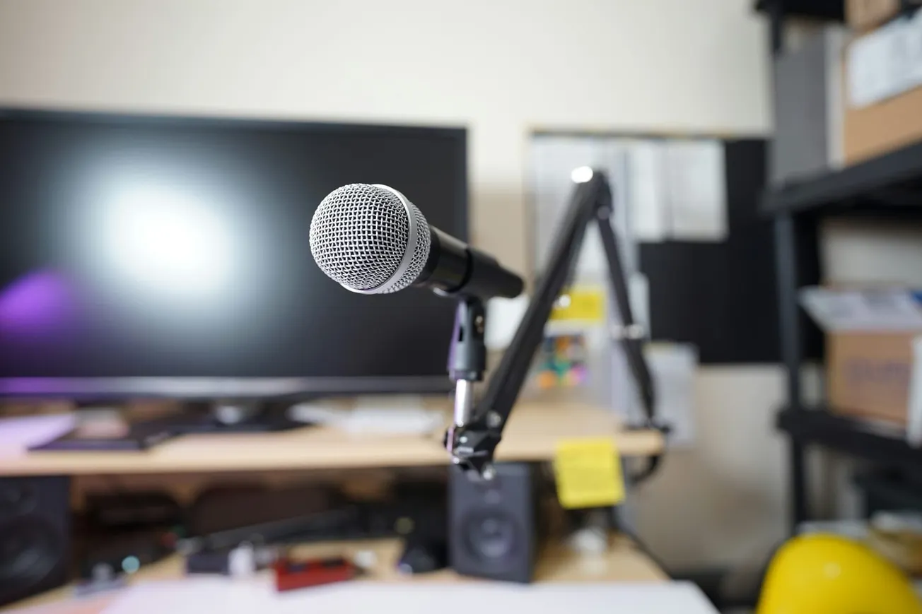 Close-up of a microphone on an adjustable arm in a cluttered home studio. A blurred computer monitor and shelves are visible in the background.