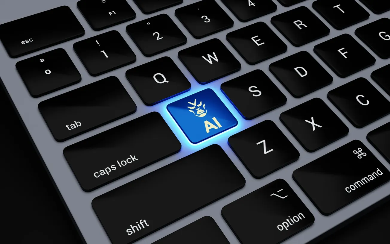 Close-up of a black keyboard with a glowing blue key featuring an "AI" label and a robot face symbol, conveying futuristic and technological themes.