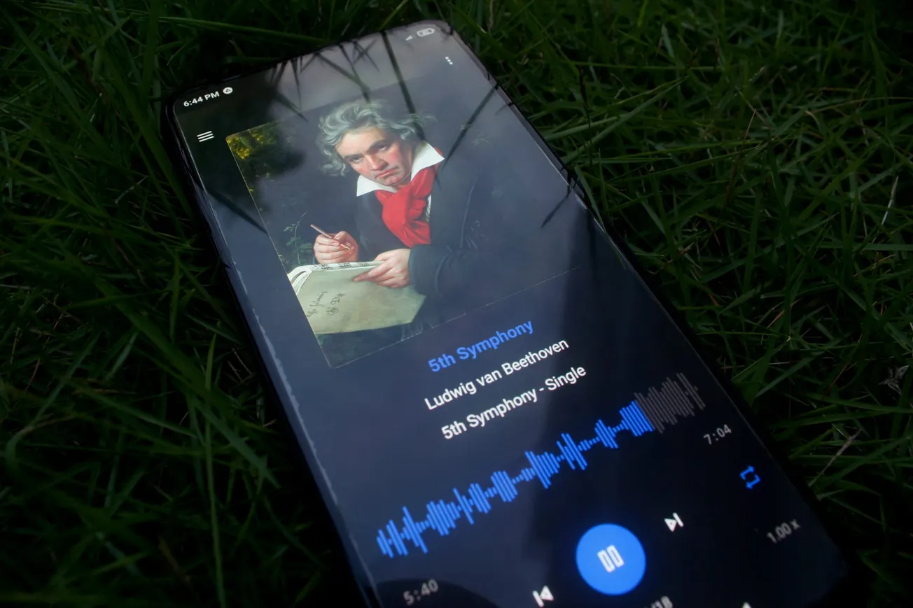 Smartphone on grass displaying music app playing Beethoven's 5th Symphony. Screen shows Beethoven's portrait, track details, and a waveform.