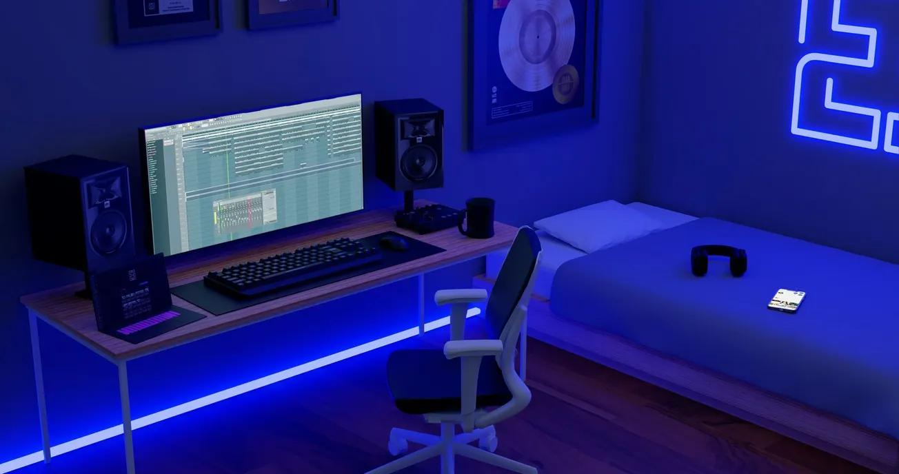 A modern, dimly lit music production room features a sleek desk with a computer, speakers, and keyboard. A bed with a phone and headphones sits nearby.