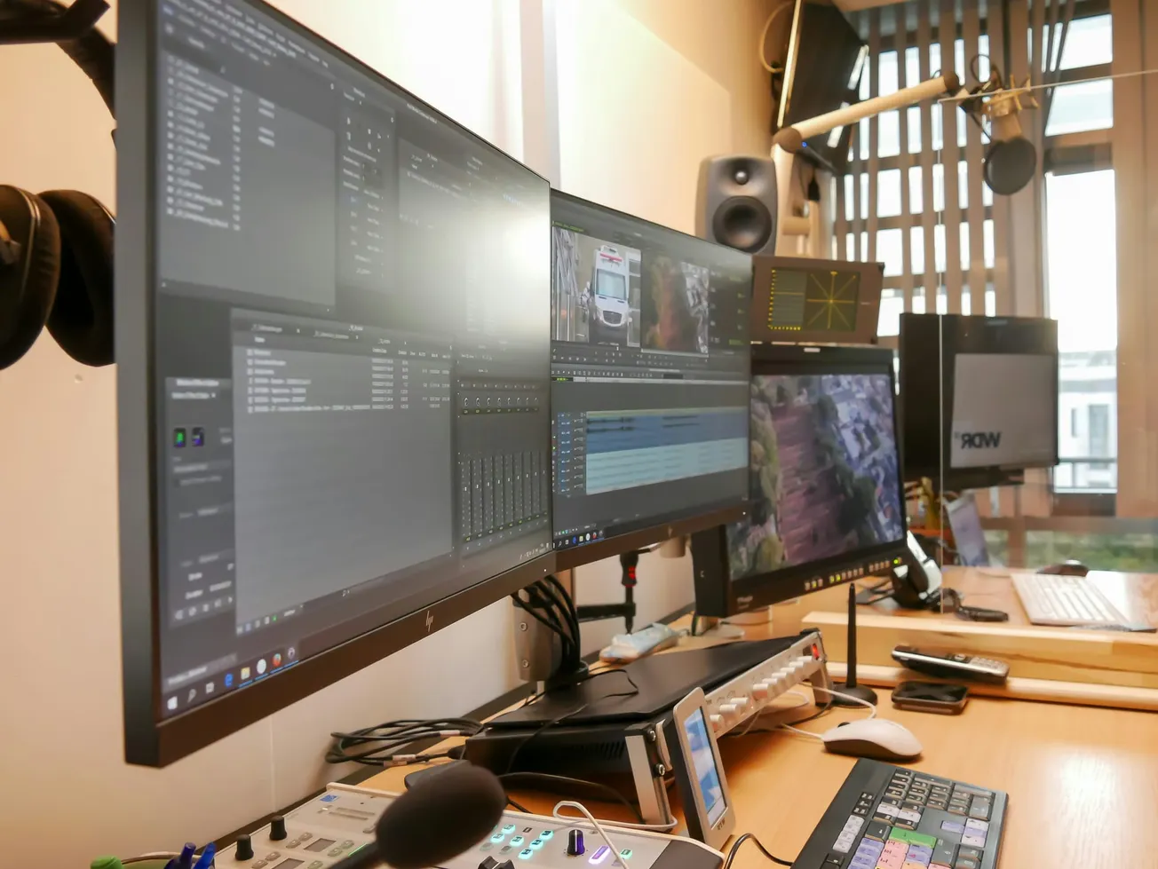 A video editing workstation with multiple monitors displaying editing software and footage. The desk is cluttered with audio equipment, keyboards, and a microphone.