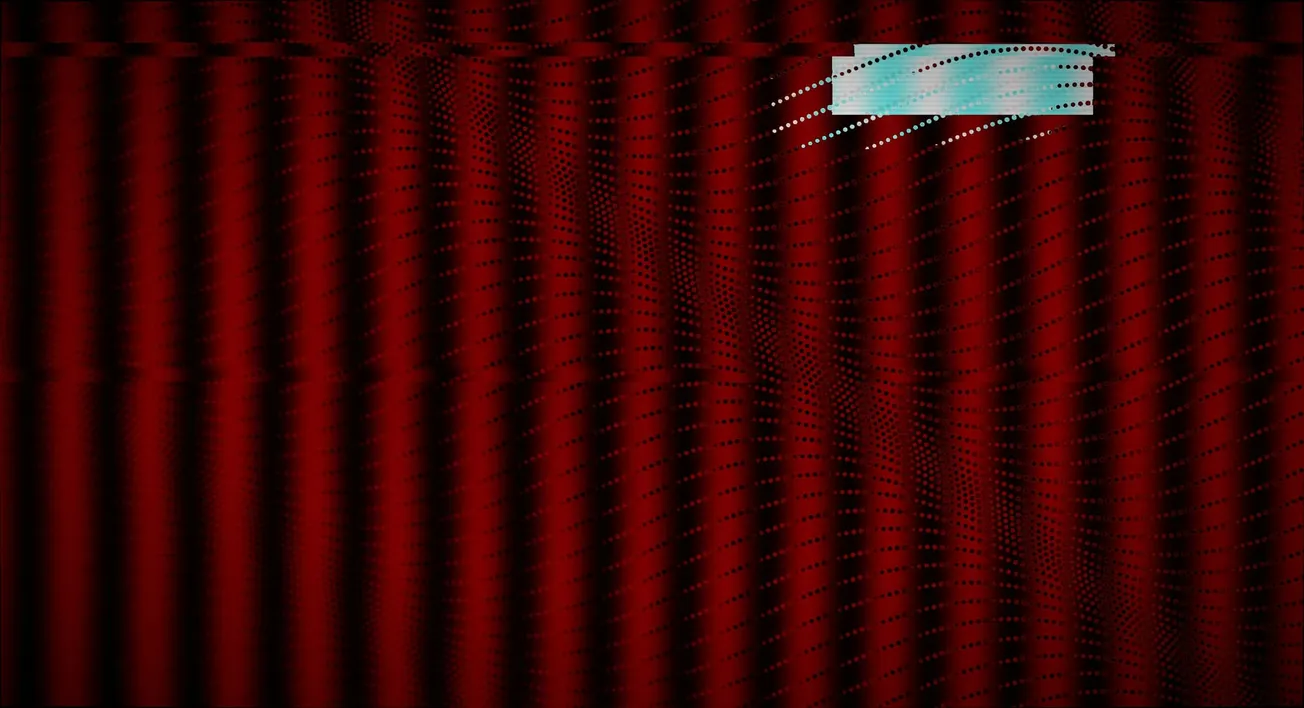 An abstract digital illustration featuring dark red vertical stripes overlaid with waves of fine dots and a bright blue-white glitch rectangular block in the upper right.