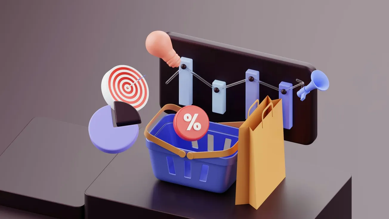 Digital 3D illustration depicting shopping concepts: a blue basket, target, light bulb, price tags, and bag. Emphasizes e-commerce and marketing.