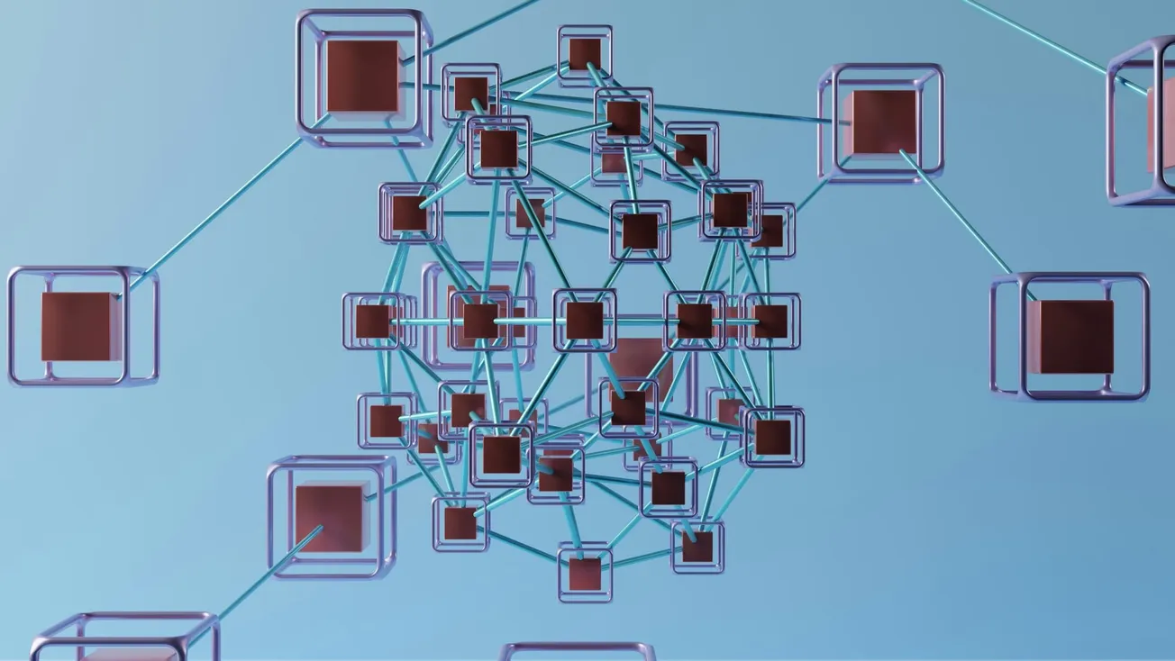 Abstract network of interconnected cubes on a light blue background, symbolizing digital connections. Futuristic and complex design.