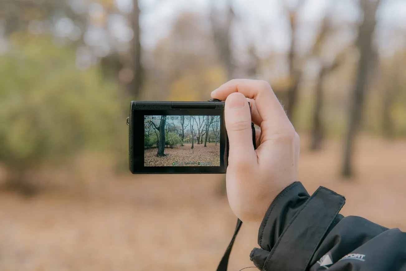 A hand holds a camera, focusing on a view of an autumn forest. The camera screen captures bare trees and fallen leaves, conveying a serene mood.