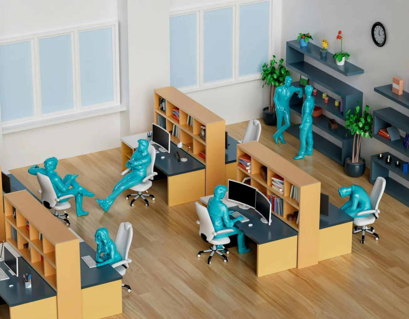 A modern office space with blue mannequin figures working at desks with computers. Some are seated, others engaged near bookshelves. The scene feels collaborative.