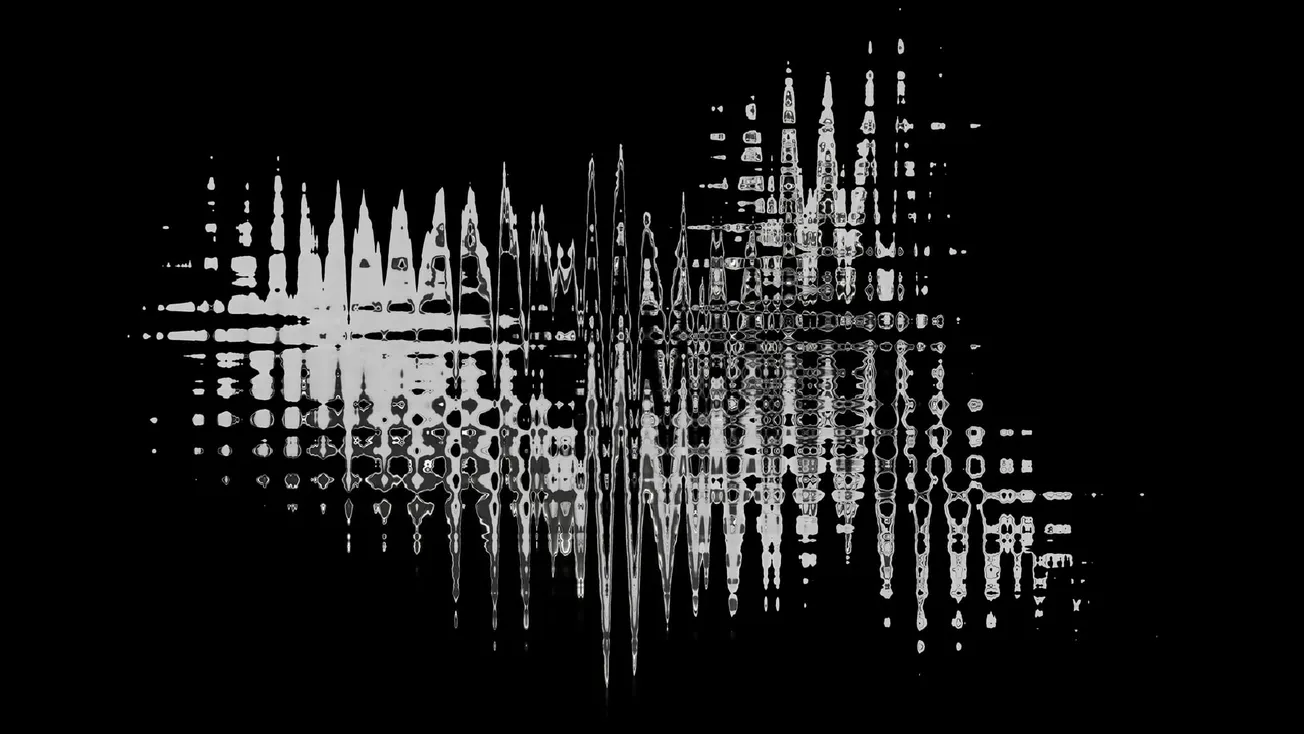 Abstract black and white image resembling a soundwave. Wavy, mirrored patterns with vertical lines and dots create a dynamic, futuristic feel.