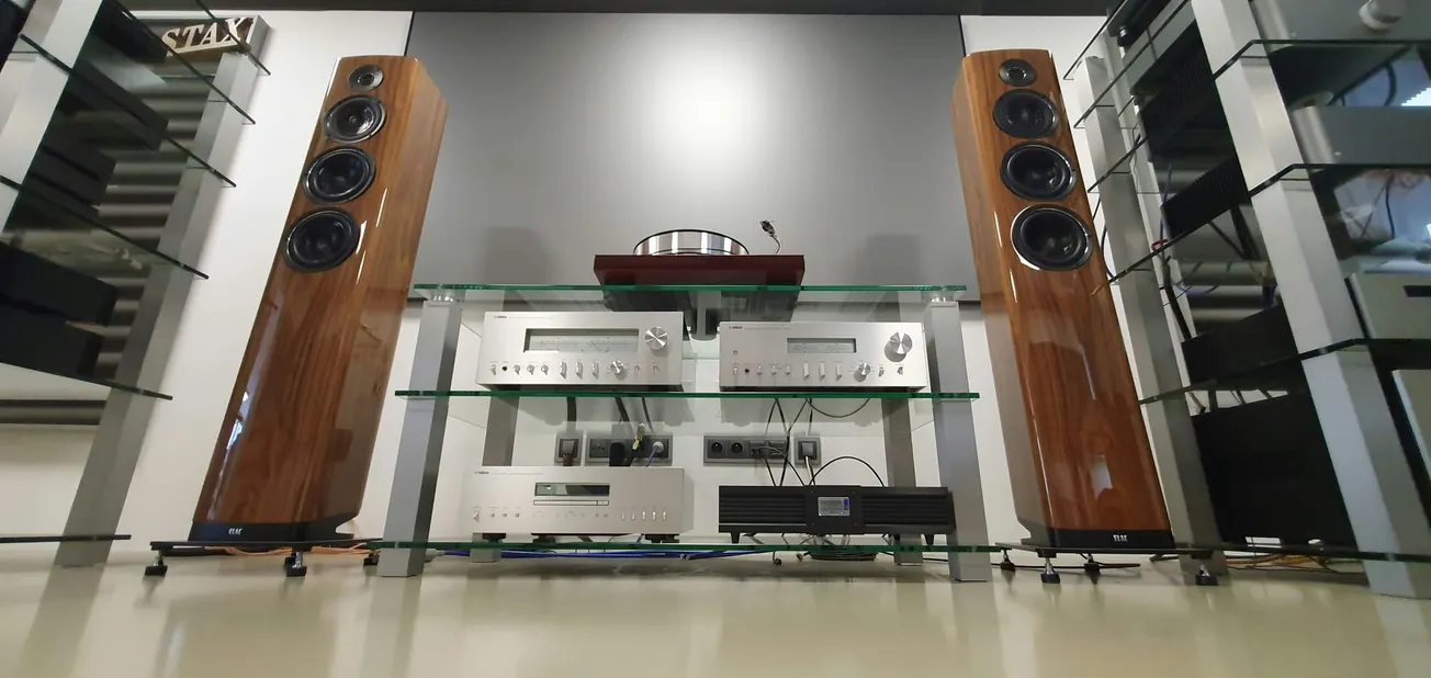 A high-end audio setup with wooden floor-standing speakers on either side; three glass shelves hold silver amplifiers and audio equipment, conveying a modern, sophisticated tone.