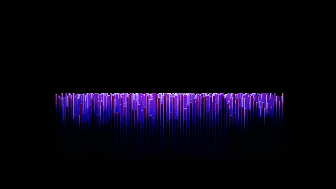 Abstract image of a neon cityscape with vertical purple and blue glowing bars on a black background. The vibrant colors create a futuristic, digital feel.