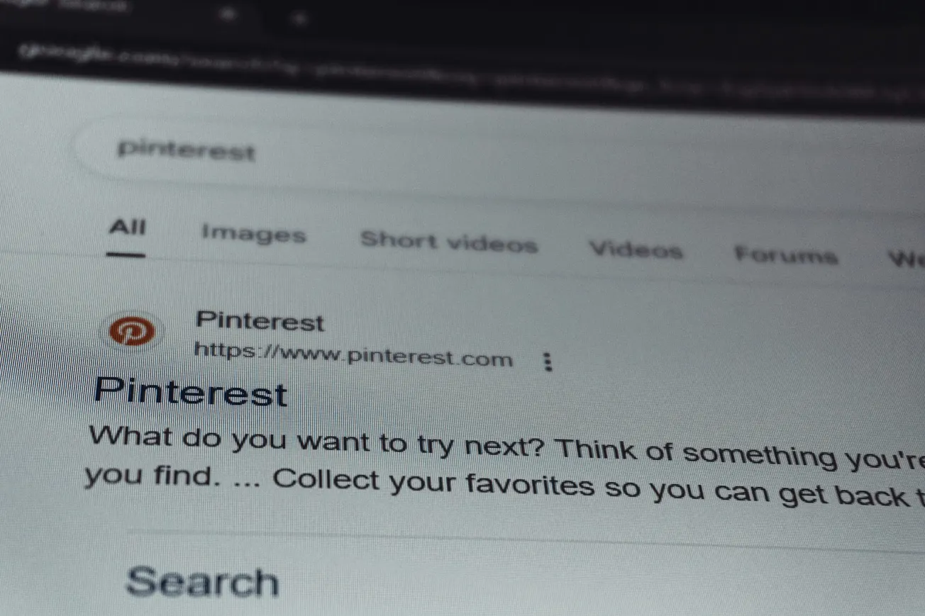 Close-up of a computer screen displaying a Google search result for Pinterest. Text reads, "What do you want to try next?" The tone is curious and engaging.