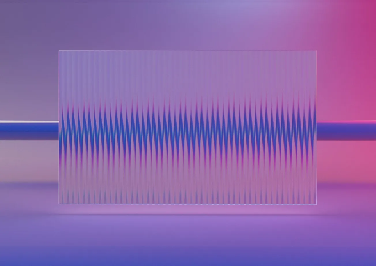 A rectangular glass panel displays a vivid, repetitive wave pattern in blue and purple hues, set against a gradient pink and purple background.