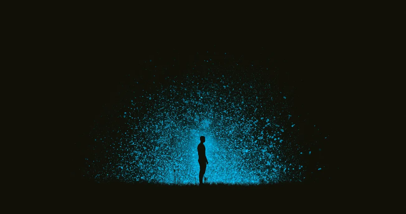 Silhouette of a person standing against a backdrop of vibrant blue light and water spray, creating a mystical and contemplative atmosphere.