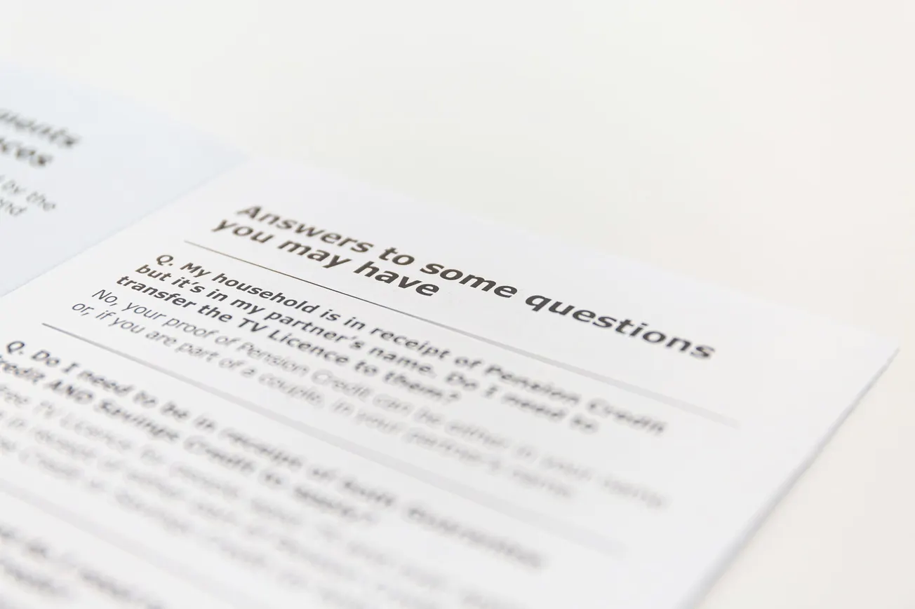 An informational leaflet with the heading, "Answers to some questions you may have," focusing on TV licence and Pension Credit inquiries in a clear, formal tone.