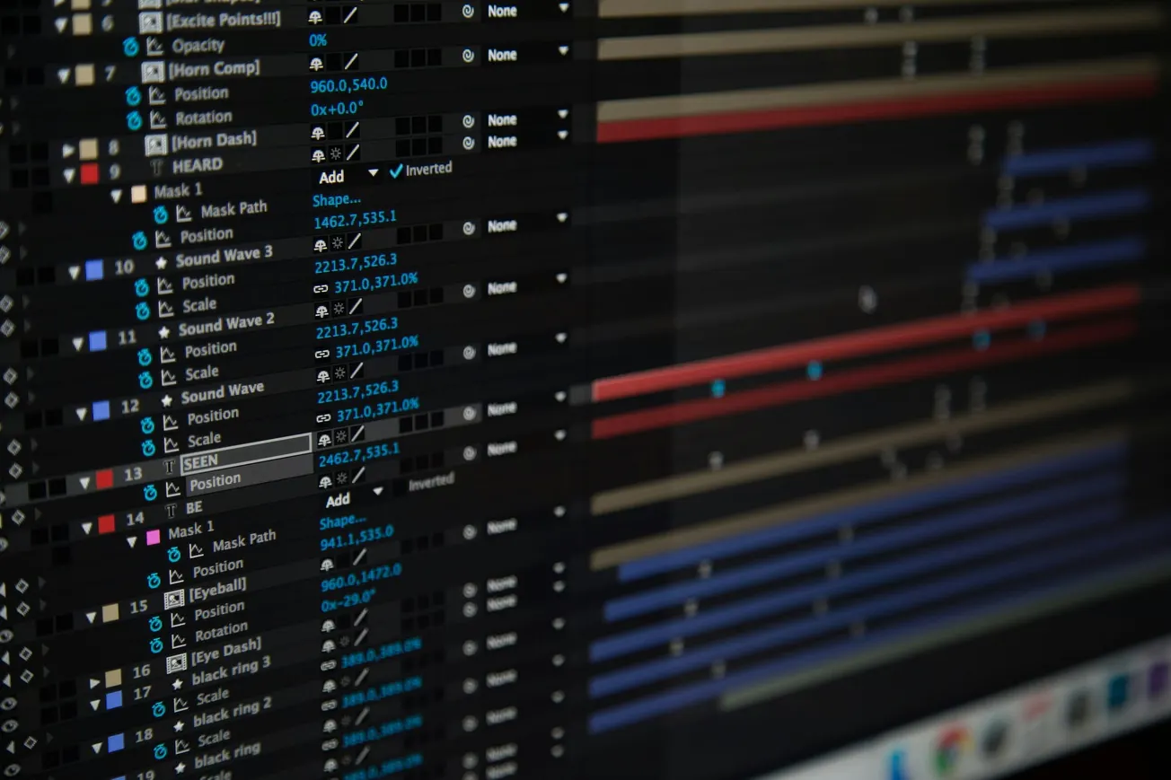 Close-up of a computer screen displaying a video editing timeline. Rows of colored bars and text list effects and adjustments, conveying a technical focus.
