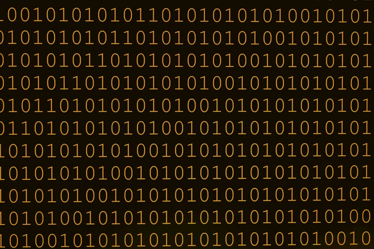 Binary code pattern with rows of 0s and 1s in yellow on a dark background, giving a digital and technical feel, reminiscent of computer data.
