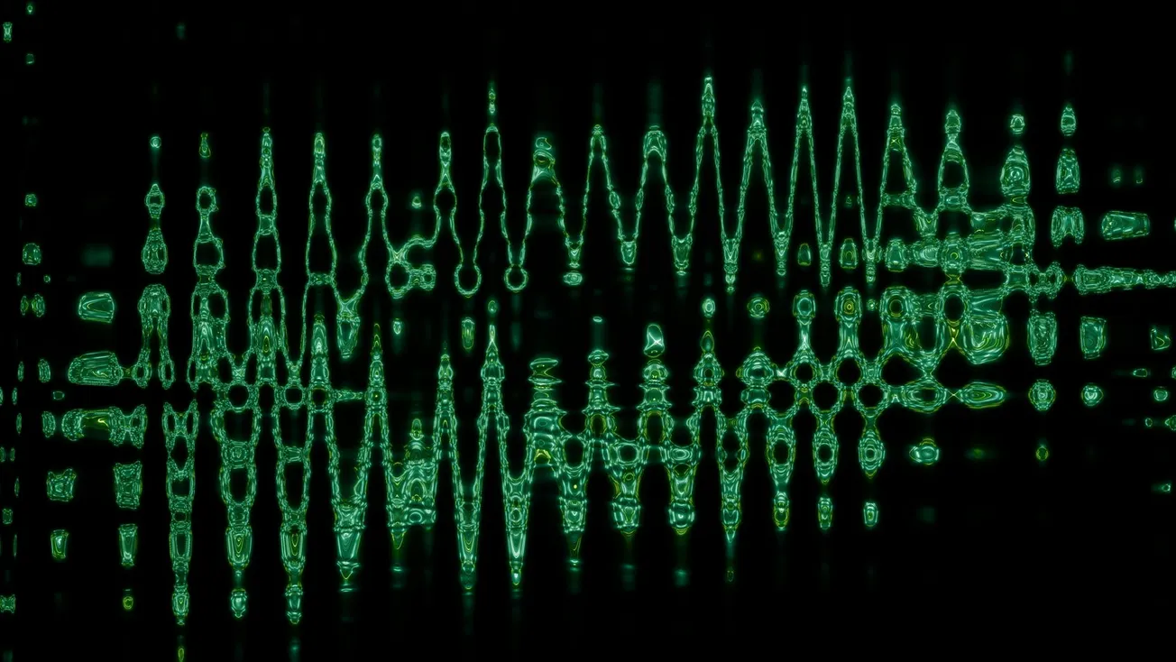 Abstract green waveforms against a black background. The intricate vertical patterns resemble distorted sound waves, creating a futuristic, digital feel.