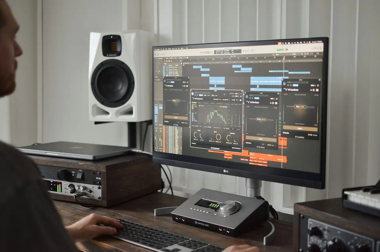 A person working on a music production software on a large monitor, surrounded by audio equipment and a speaker, creating an immersive studio vibe.