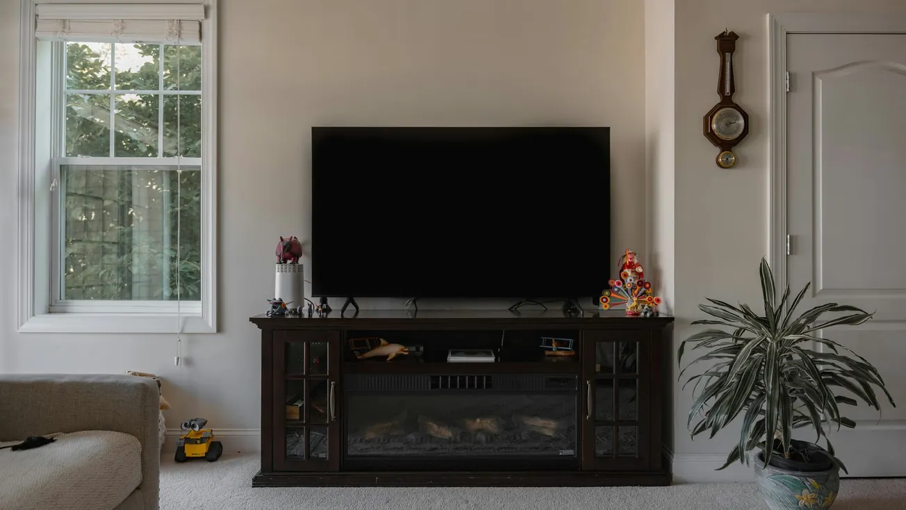 A living room features a large flat-screen TV on a wooden stand with toys and decorative items. A plant is to the right. Soft daylight filters through a window.