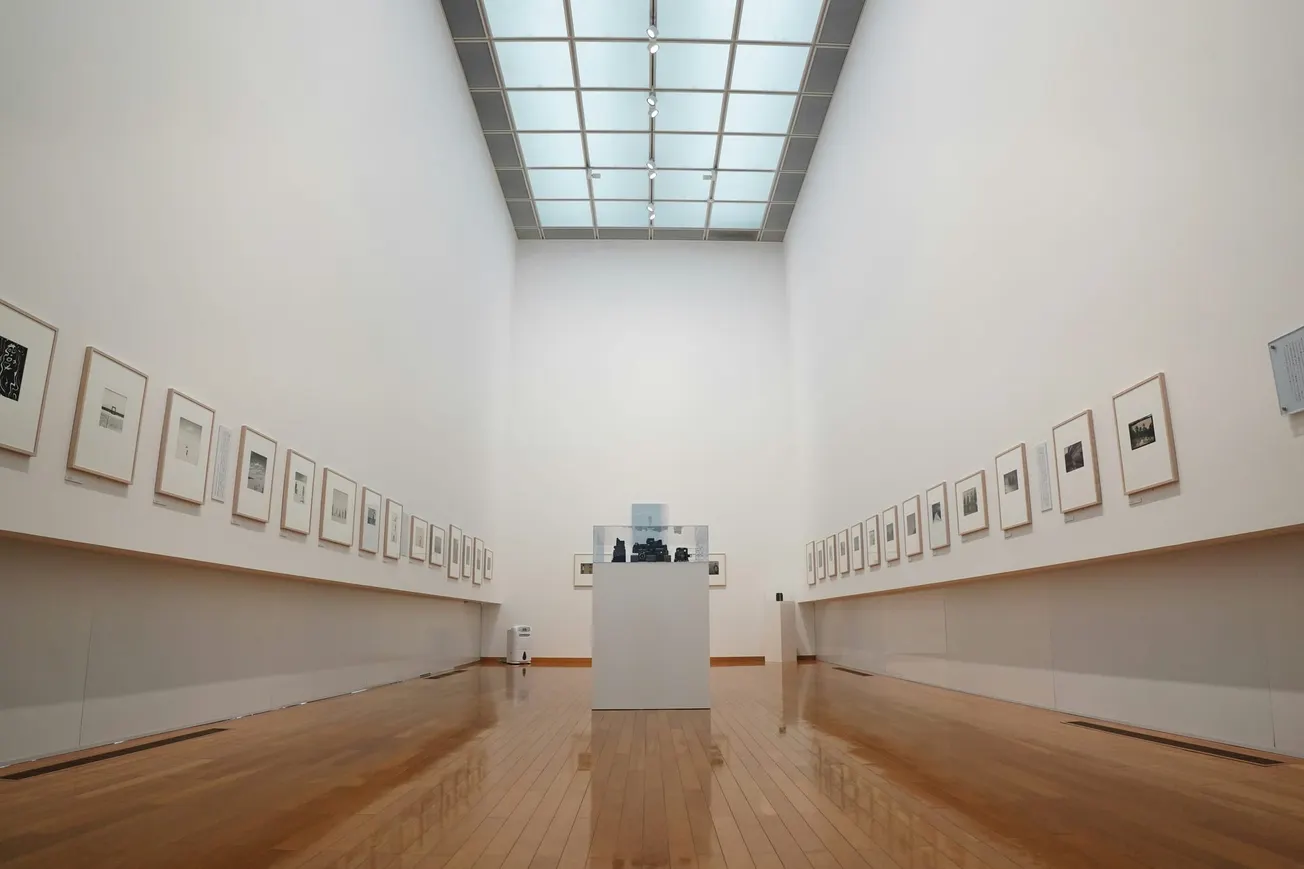 Spacious art gallery with a high ceiling and a grid-style skylight. Framed artwork lines the walls, leading to a central sculpture on a pedestal.