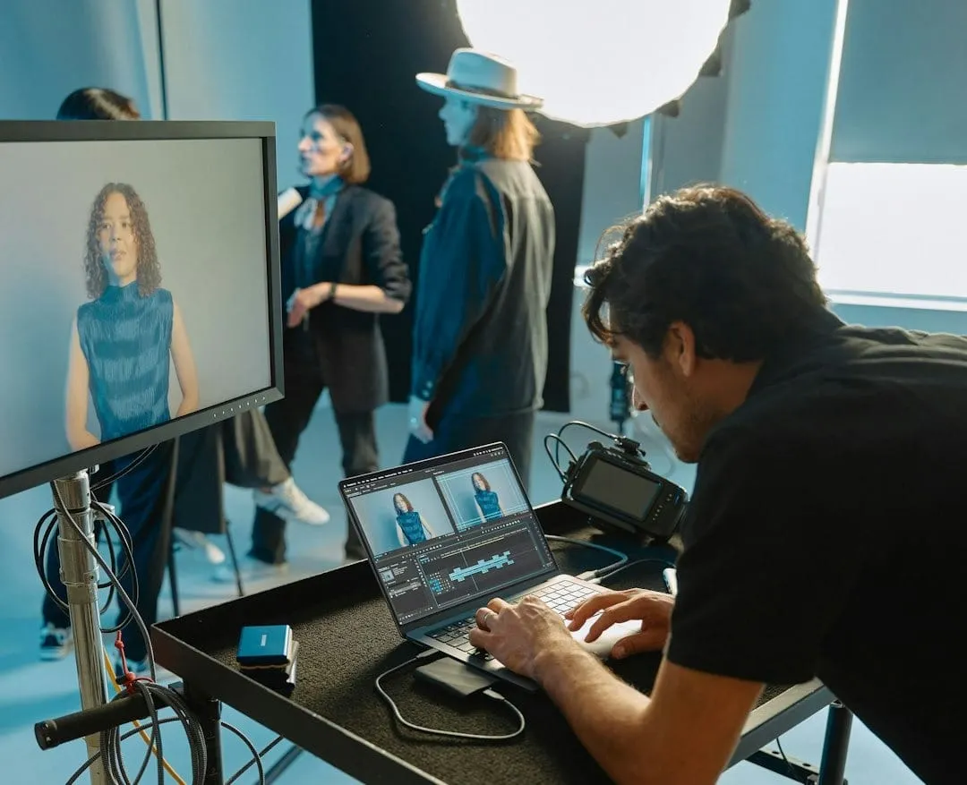 A person interacts with a MacBook to manage a video recording and edit video content.