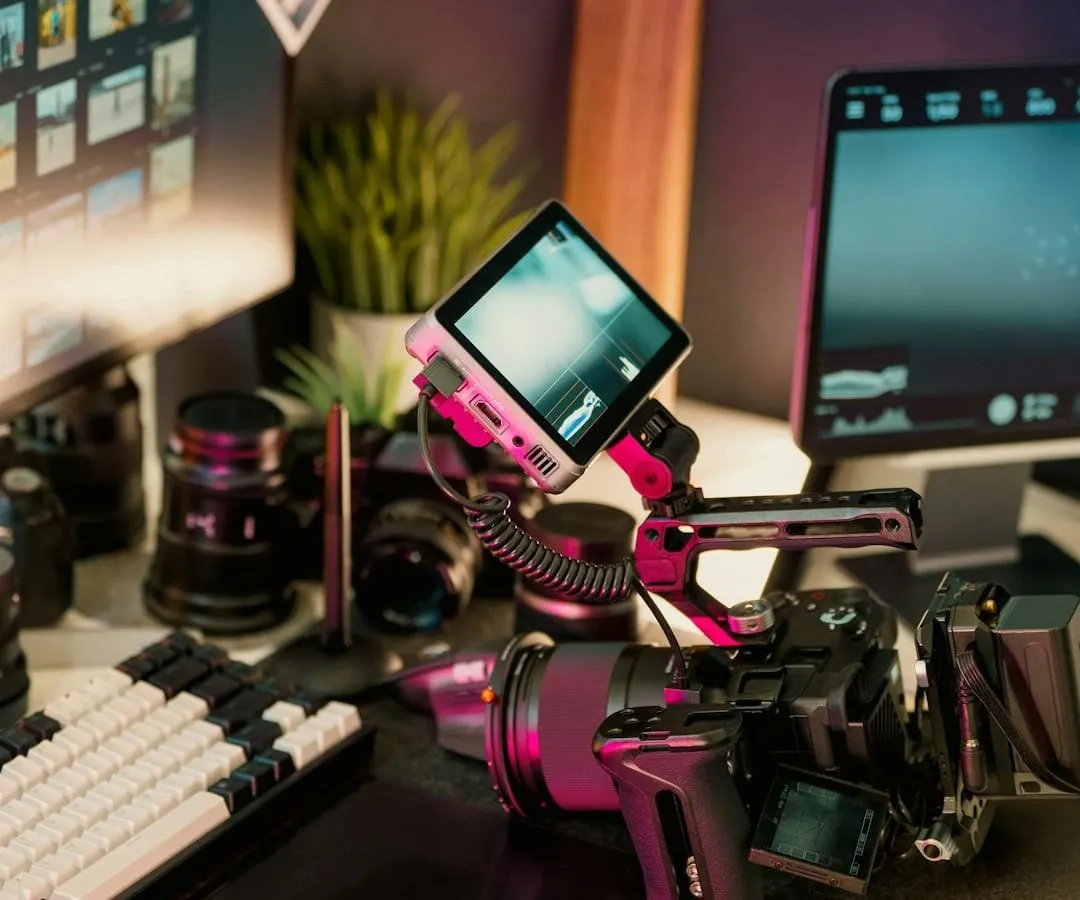 A diverse team of content creators analyzes video footage on a monitor, reflecting on effective storytelling and collaborative production techniques.