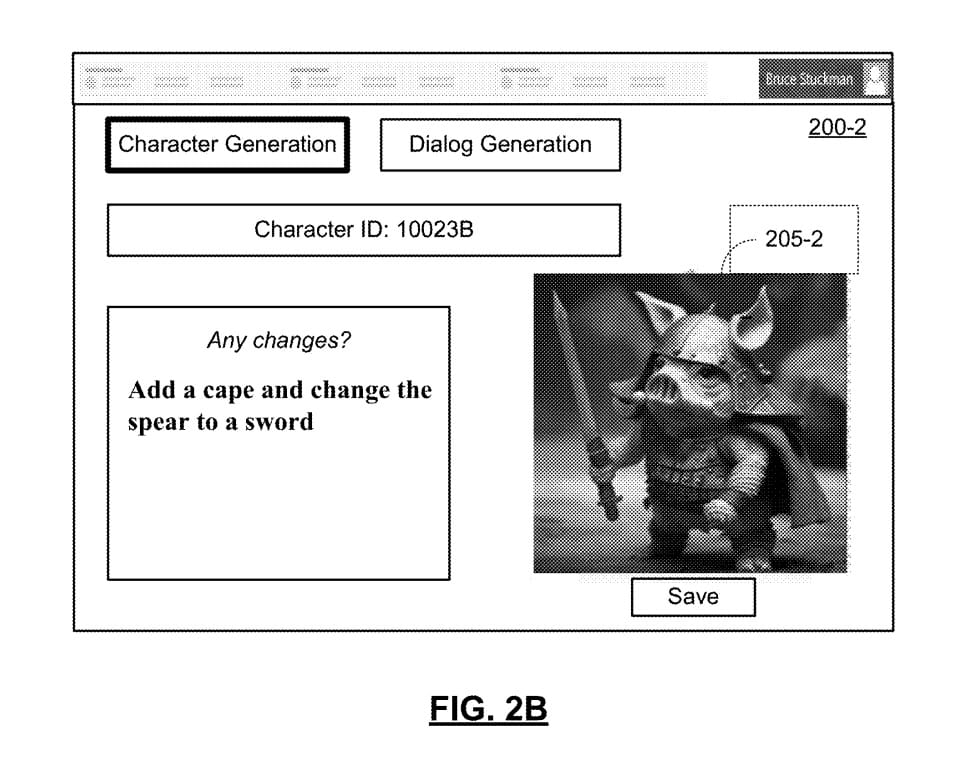 Character Generation prompt asking "Any changes?" and the user replying "Add a cape and change the spear to a sword." The resulting picture has a nose with three vertical slits in front instead of nostrils.