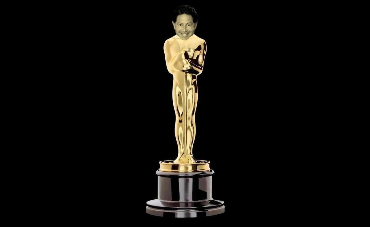 A crudely edited picture of an Academy Award with a golden-tinted picture of Bobby Kotick's head on top.
