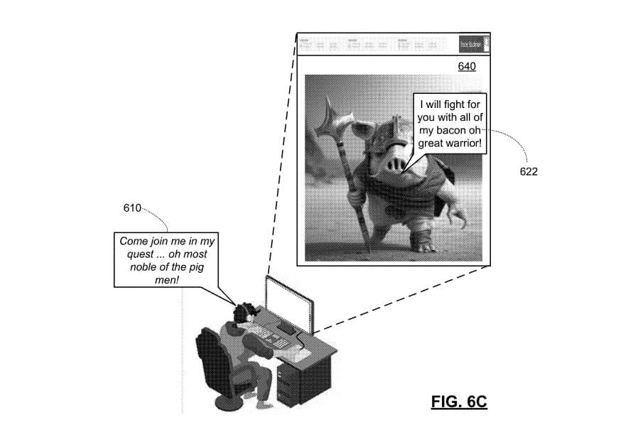 Patent art of gamer asking "most noble of the pig men!" to join in his quest and pig man saying yes with all his bacon
