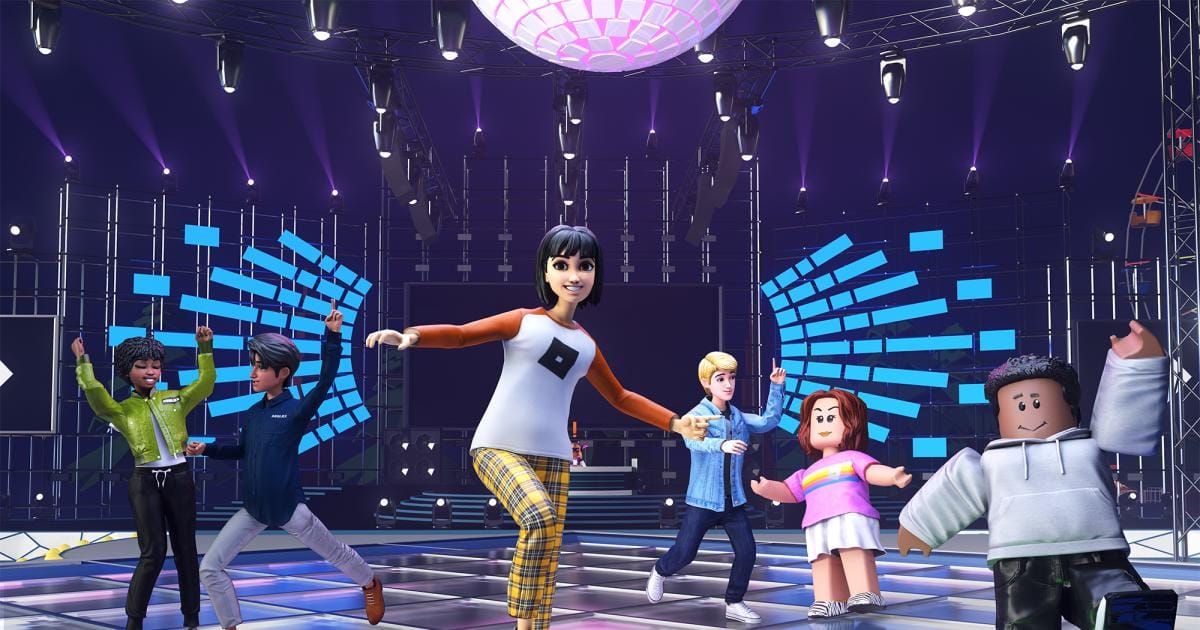 In-game image of a mix of Roblox avatars in semi-realistic and blocky styles dancing in a party setting