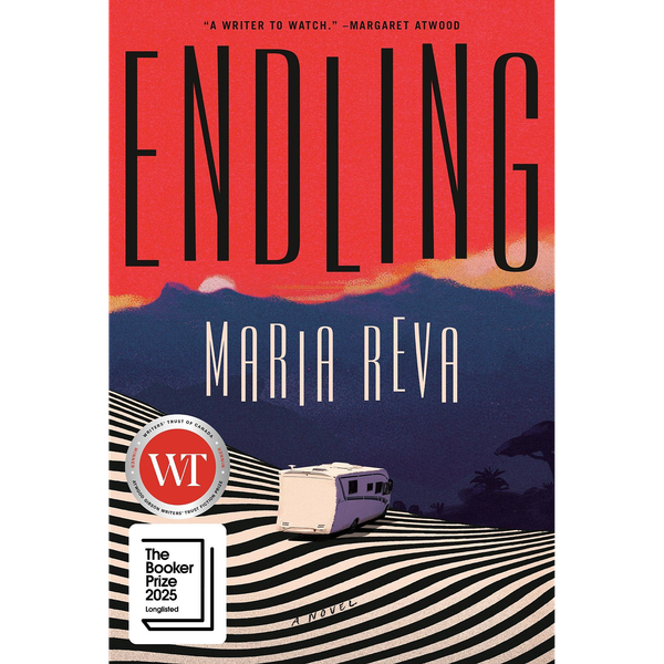 Book cover for Endling. It features a white RV driving on zebra-striped hills under a red sky.