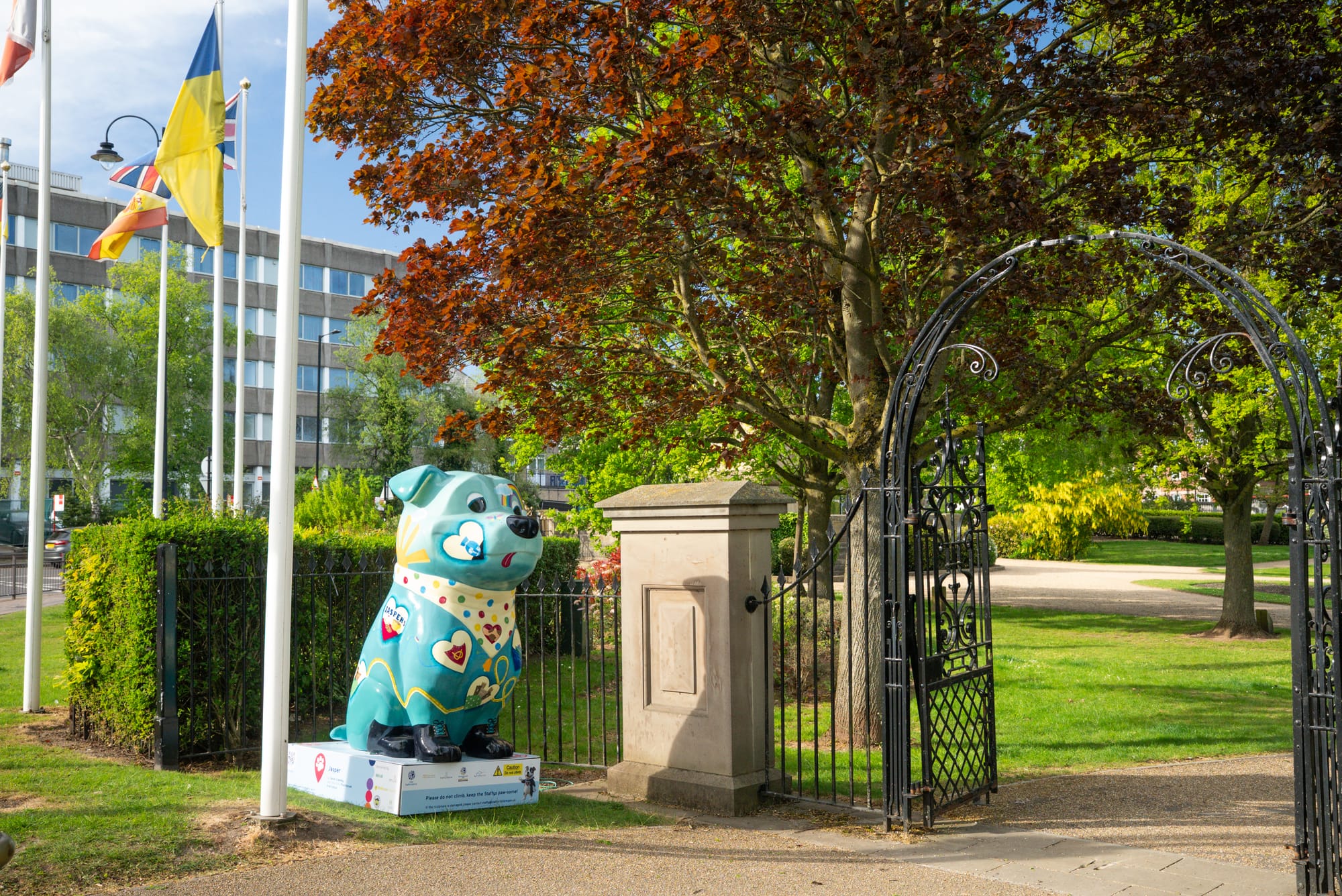 ‘Jasper’ Staffy Sculpture by Sarah Grateley outside Victoria Park, Stafford