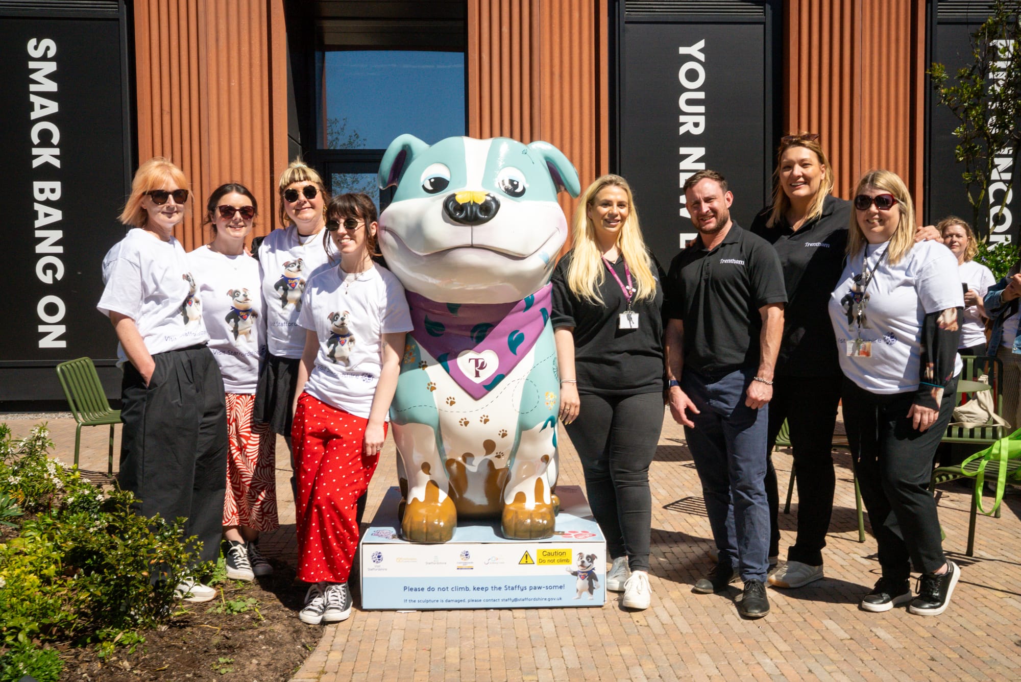 Newcastle College Students with Trentham Estate Sponsors of 'Outdoors Muddy Paws' Staffy at The Goods Yard, Stoke-on-Trent