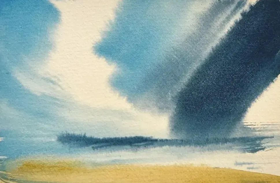  watercolour image of a beach under a bright but stormy sky, painted by Josh Drummond