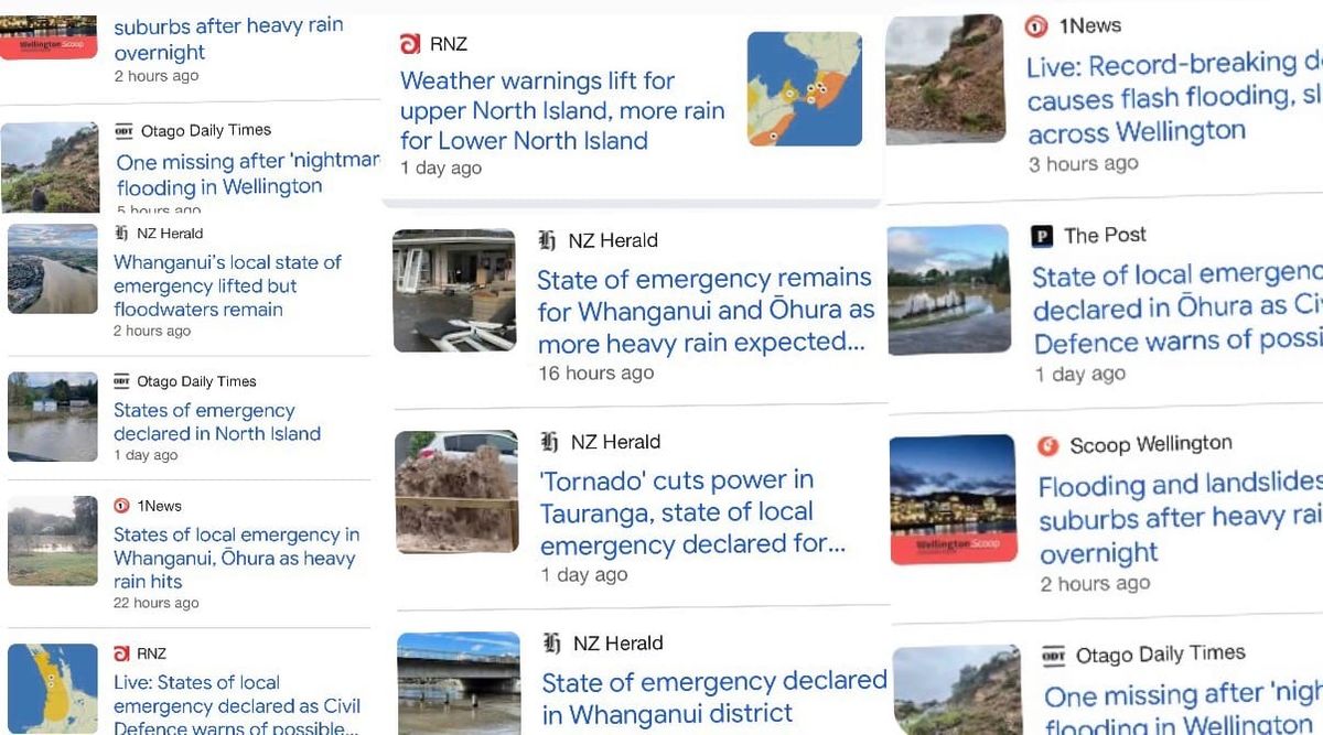 a collage of headlines about all the weather-related emergencies in New Zealand in recent tim