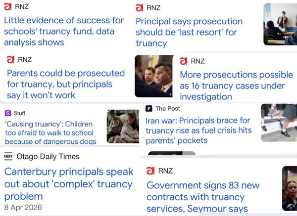Snippets of headlines about the Government / Ministry of Education's truancy pol