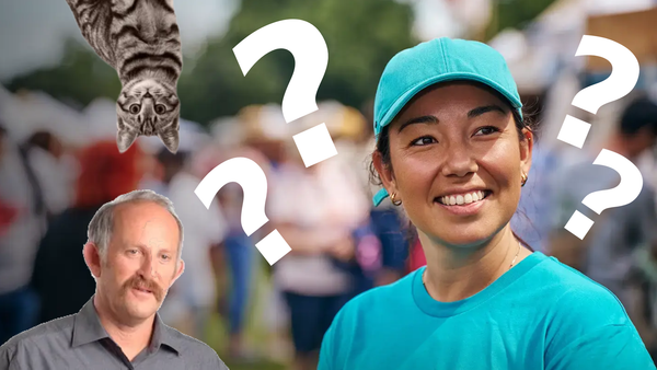 gareth morgan and a shocked cat look on at question marks surrounding Opportunity leader Qiulae "Q" Wong.