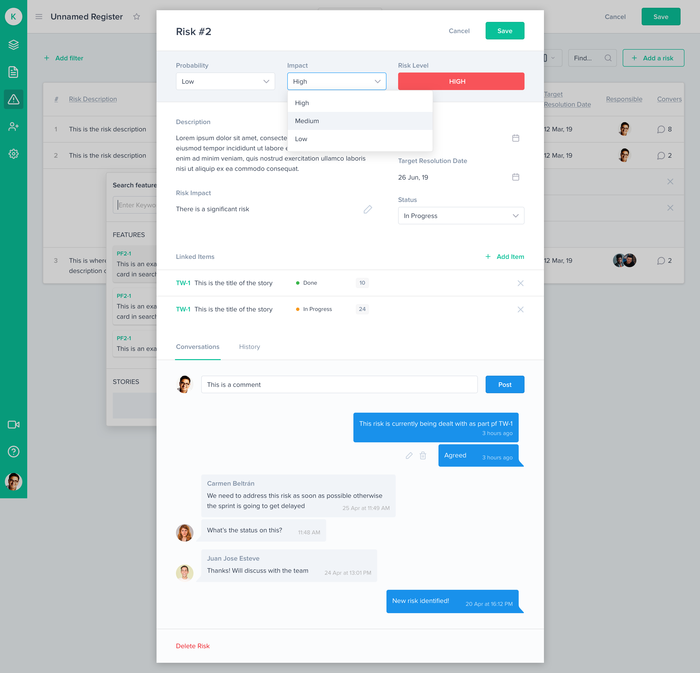 An expanded view of how risks are created, how users can comment and link items with the risk