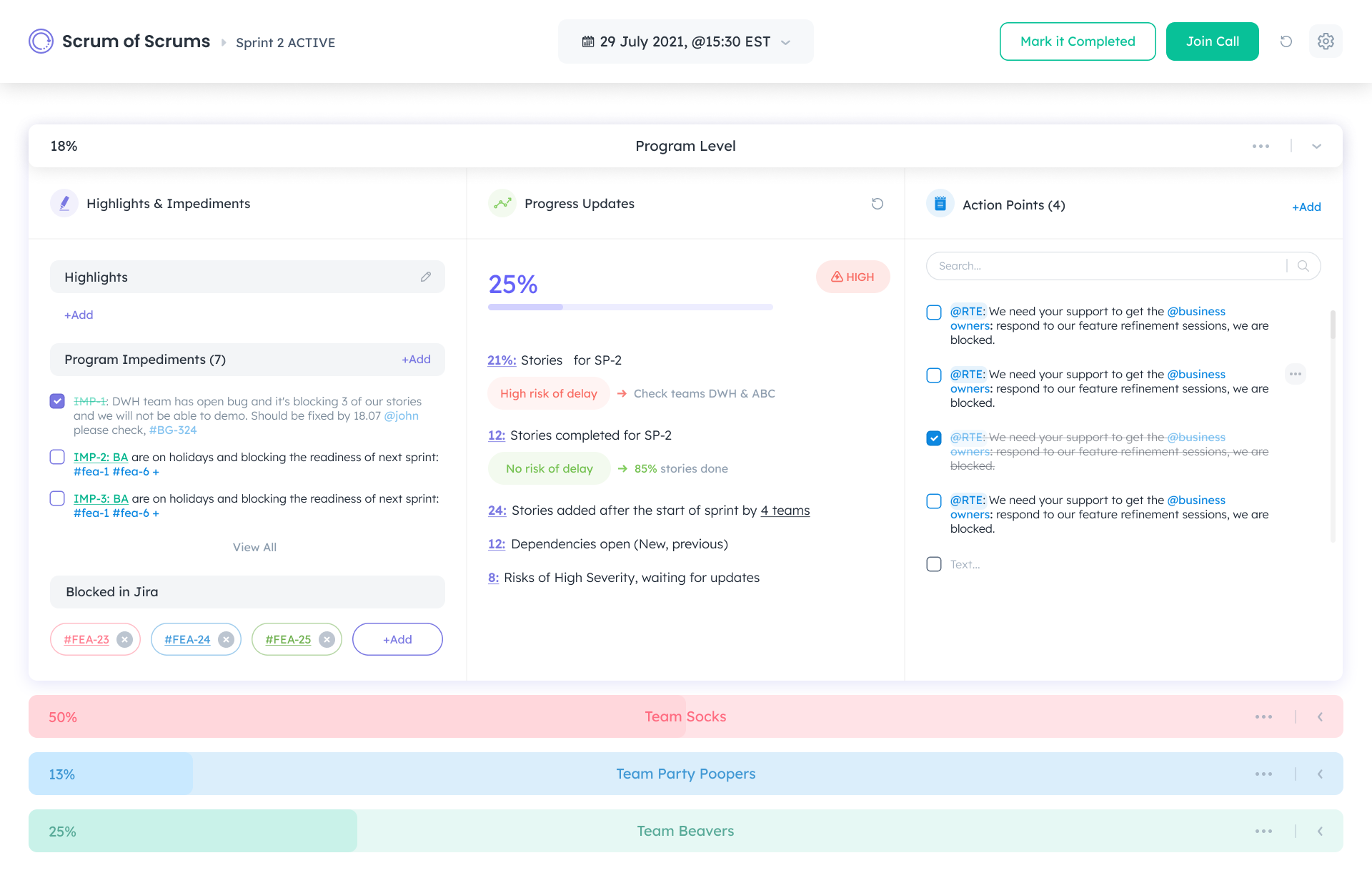 A view in Kendis of how scrum of scrums can be done. It conists of highlights, impediments, action points and rich analytics to keep track of all the dependencies, risks and objectives of your Program Increment